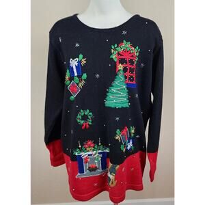 B. P. Design Long Christmas Sweater Black Red Embellished Not Ugly Trees Wreath